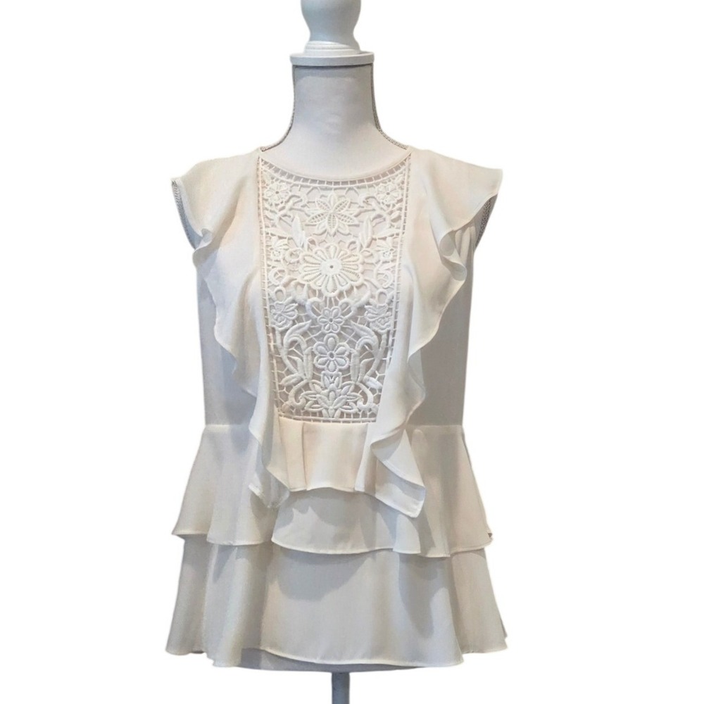 Express Crochet Lace Ruffle Blouse Tiered Open Back Ivoryβ Boho Romantic Small